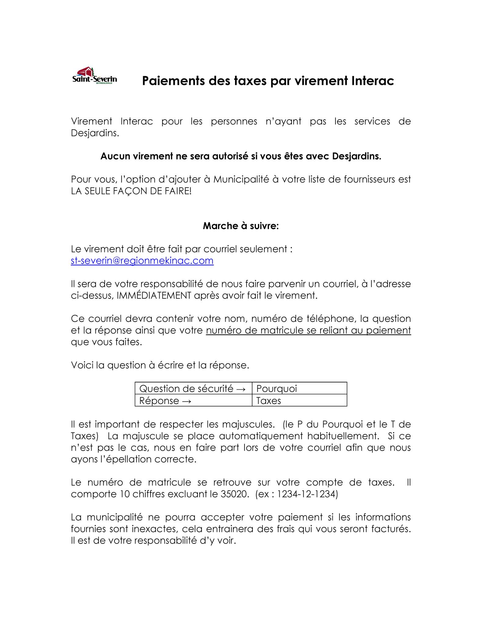 procédure virement interac